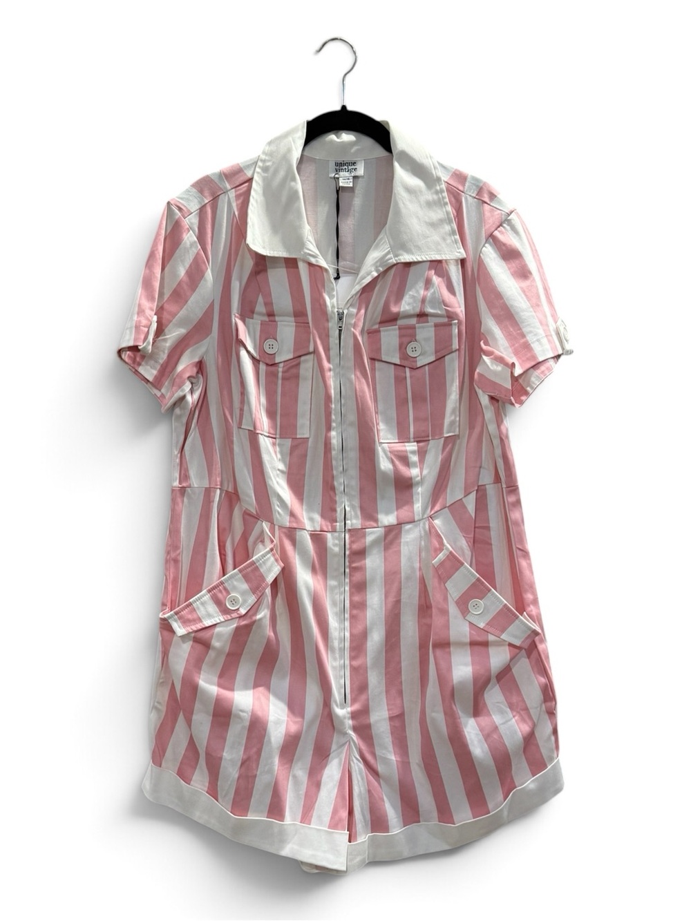 Unique Vintage - Striped Pink & White Short Sleeve Romper